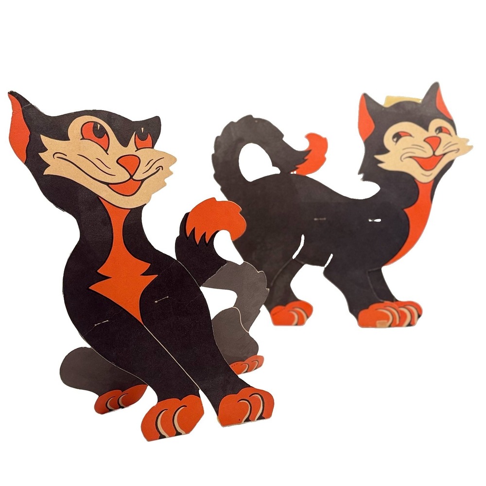 Vtg 1950s Pair Of Beistle Halloween Black/Orange Cat Die Cuts 1062